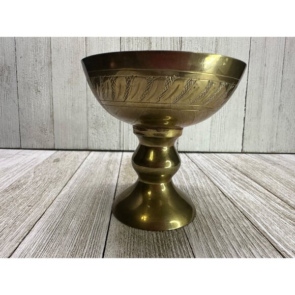 Vintage Set of 6 Etched Brass Footed Goblets Bowls Patina Made in India 4" Tall - Picture 4 of 8